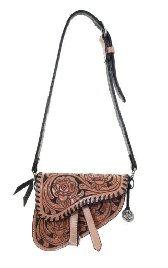 Double J Rose Tooled Saddle Handbag