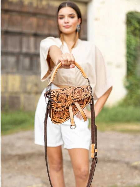 Double J Rose Tooled Saddle Handbag