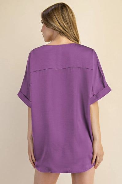 V-Neck High Low Satin Blouse