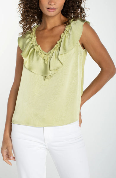 Liverpool Ruffle Front Sleeveless Woven Top