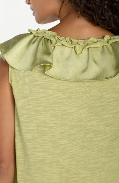 Liverpool Ruffle Front Sleeveless Woven Top